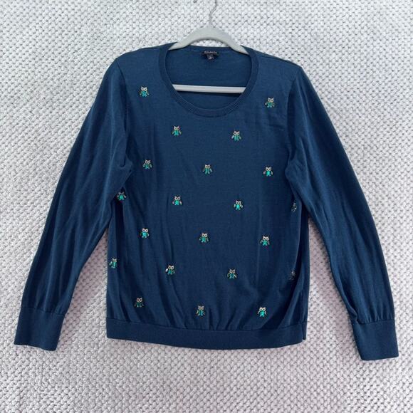 Talbots Sweater Womens L Teal Owls Rhinestones Crew Neck Teacher Librarian Light - Picture 1 of 13